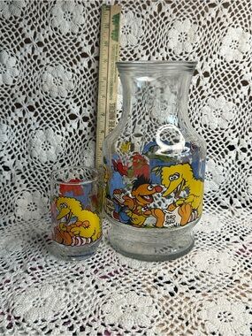 Vintage 1970s Sesame Street Big Bird Glass Pitcher and Tumbler Set